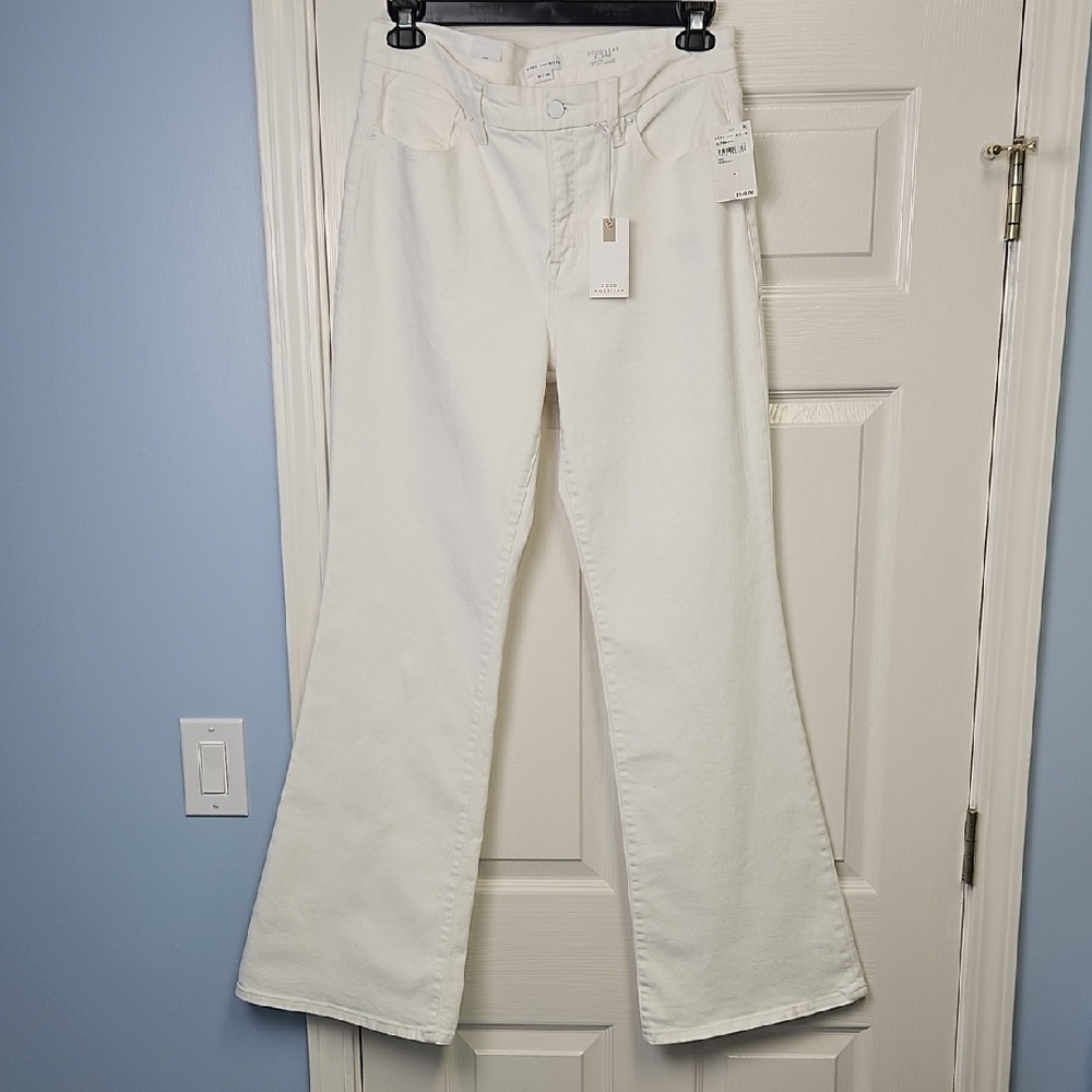 Good American Good Legs Flare Mid-Rise Skinny Fit/Flare Leg Denim: White:Size-14